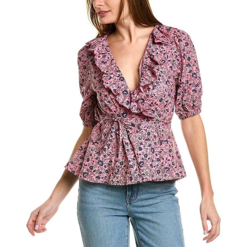 ROLLER RABBIT Wrap Top Small Pink Floral Ruffle V-Neck Short Sleeve Cluny Brita